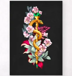 Äskulapstab mit Blumen - Schwarz | Codex Anatomicus Hot
